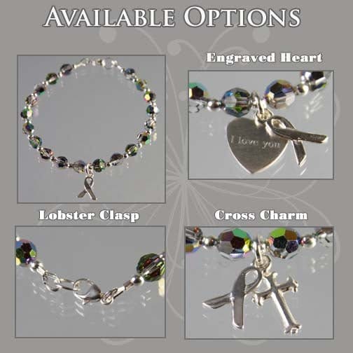 ~Lung Cancer Awareness Clear Ribbon~ made with Swarovski Crystal Bracelet  Charm